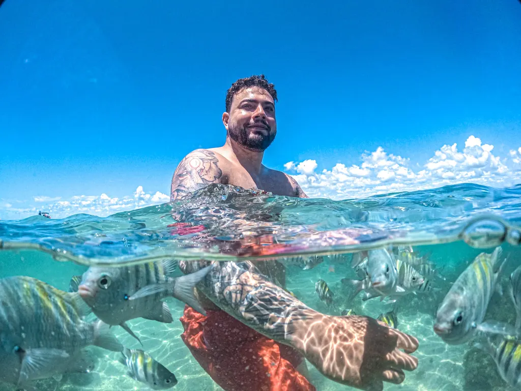 Snorkelling among fish in the clear water of Maragogi