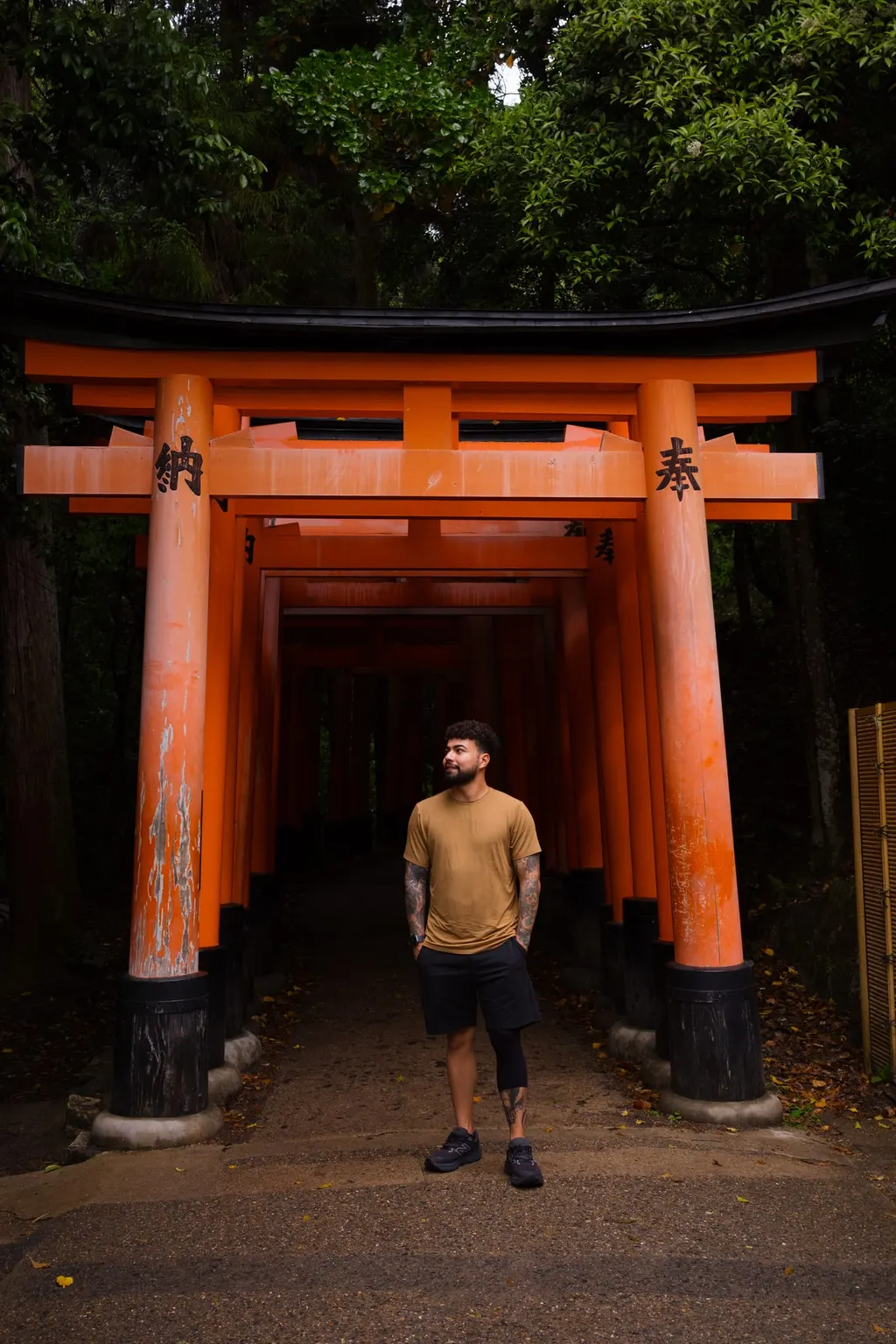 Standing under the red torii gates of Fushimi Inari