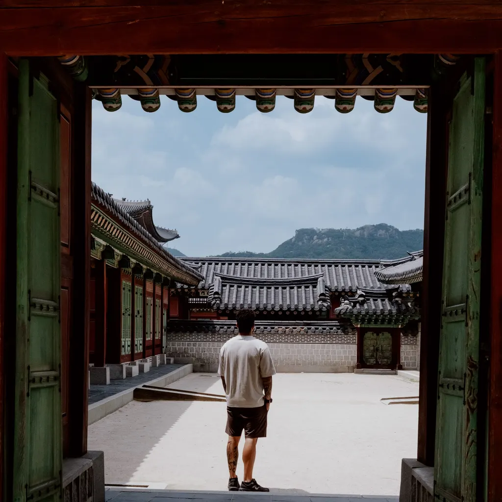 Standing with my back to the camera in a Gyeongbokgung gateway, the palace roofs and the hills of Seoul framed ahead