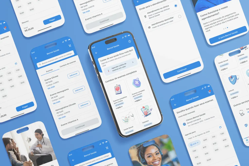 Booking flow for Bemol Saúde: choosing service type and time slot