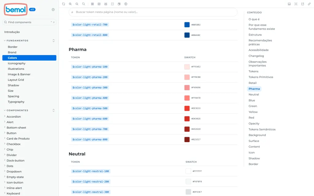 Colour foundation in Storybook, showing token name, swatch and hex value.