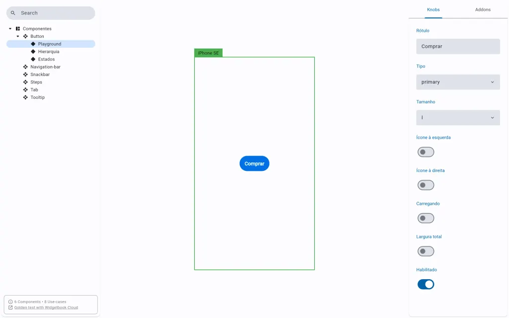 The same button as a Flutter widget in Widgetbook, inside a device frame, with knobs for label, type, size and state.
