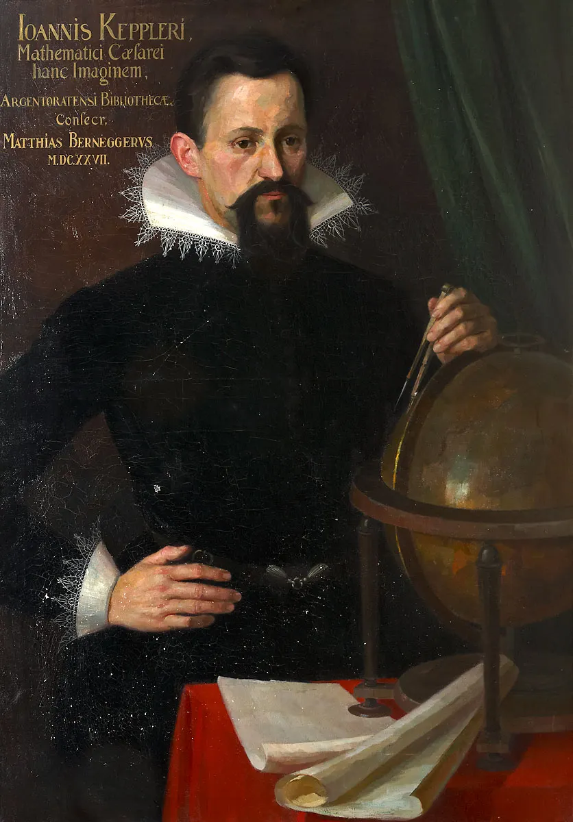 Painted portrait of Johannes Kepler: a man with dark curly hair, a pointed beard and a white ruff collar, looking at the viewer.